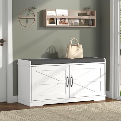 Loomie Shoe Storage Bench, 2-Tier Farmhouse Entryway Bench with Padded Seat Cushion, 13.78" D x 39.37" W x 19.69" H, Slim Shoe Cabinet Bench for Entryway, Living Room, Bedroom (White) - color: White