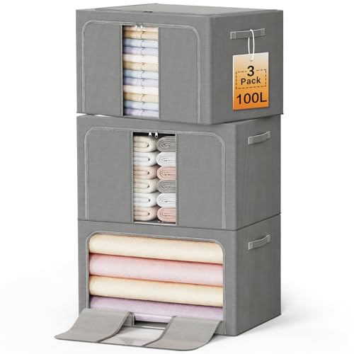 Clothes Storage Bins with Metal Frame, Foldable Clothes Organizers Storage Containers for Clothes, Sheets, Blankets, Pillows and Towels (100L, 3 Pack, Deep Grey) - color: dark gray, size: 100L(23.6''X16.5"X15.7")
