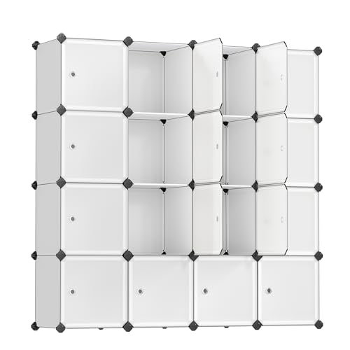 SONGMICS Cube Storage Organizer, Set of 16 Plastic Cubes, Closet Storage Shelves, DIY Plastic Closet Cabinet, Modular Bookcase, Shelving with Doors for Bedroom, Living Room, White ULPC44BSV1 - color: White, size: 16 Cubes, style: with doors