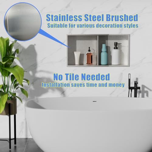 Stainless Steel no Tile Needed Metal Niche,Double Shelves，Stainless Steel Finished Shower Insert Wall Niche(Brush, 24 * 12 in) - color: Brush, size: 24 * 12 in