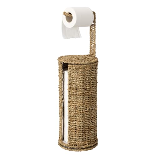 StorageWorks Wicker Seagrass Freestanding Toilet Paper Holder Stand with Storage, Farmhouse Covered Toilet Paper Stand for 4 Rolls with Cloth Lining, Tissue Holder for Bathroom Decor with Shelf - color: Natural（seagrass）, size: 6¾"D(For 4 Roll)