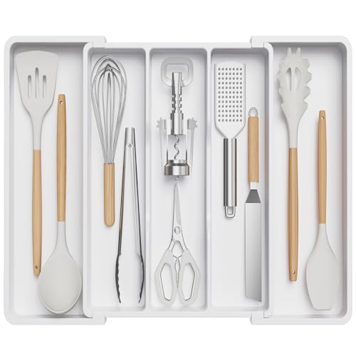 Lifewit Utensil Organizer for Kitchen Drawers, Expandable Cooking Utensil Tray, Adjustable Cutlery Silverware Flatware Holder, Plastic Spatula Tools Storage Divider, 13-22 x 15", White - color: White, size: Large(13-22''W x 15"D)