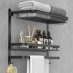 CAXIMSY Foldable 23.22 Inch Rowel Rack Wall Mounted with Bathroom Shower Shelves Stainless Steel Towel Bar Without Drilling and Screw Installation (Black) - color: Black