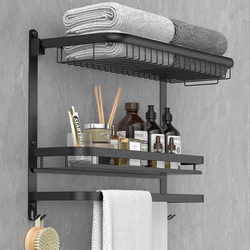 CAXIMSY Foldable 23.22 Inch Rowel Rack Wall Mounted with Bathroom Shower Shelves Stainless Steel Towel Bar Without Drilling and Screw Installation (Black) - color: Black