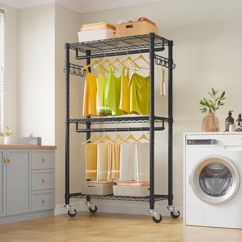 VIPEK R2 Mini Rolling Clothes Rack Heavy Duty Clothing Rack for Hanging Clothes Adjustable Portable Closet Metal Clothes Racks with Wheels Double Rods Side Hooks, Freestanding Garment Rack, Black - color: Black, size: R2 Mini