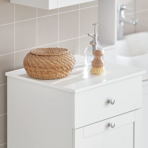 SoBuy Slim Tilt-Out Laundry Hamper Cabinet, Smal Pull-Out Bathroom Storage Unit with Shelf&Drawer, Narrow Hidden Basket Chest Bath Cupboard, White BZR21-W