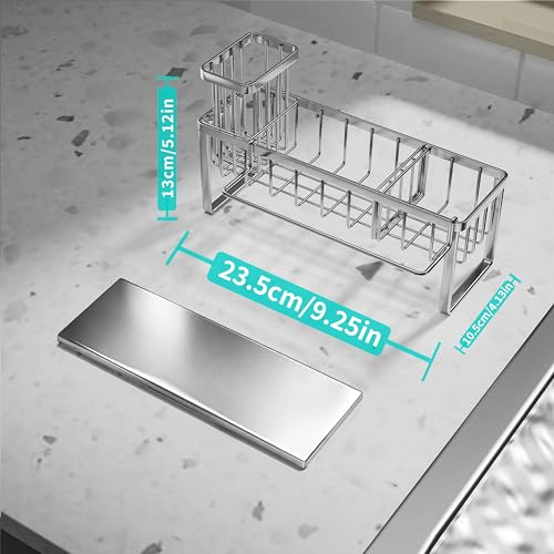 HapiRm Sponge Holder for Kitchen Sink - Self-draining Sink Caddy with Brush and Dishcloth Holders with Sloping Drainage - Silver - color: Silver-sloping, size: with Dishcloth Holder