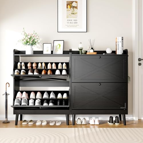 Shoe Storage Cabinet with 2 Flip Drawers, Freestanding Entryway Shoe Cabinet with 2 Side Hooks & Adjustable Shelves Slim Shoe Organizer Cabinet Narrow Shoe Rack for Entrance Hallway Front Door,Black - color: Black