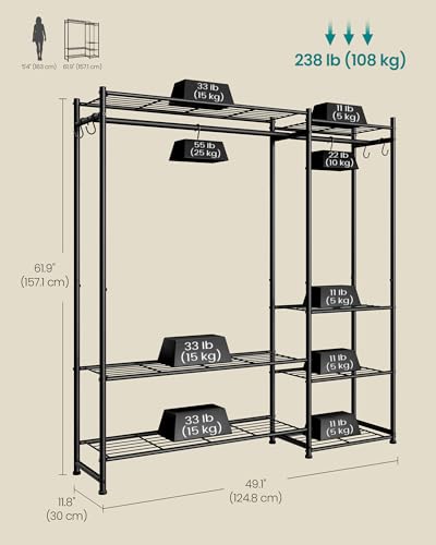 SONGMICS Portable Closet Wardrobe, Clothes Rack, Closet Organizers and Storage, Freestanding Clothing Rack with 7 Shelves, 2 Hanging Rods, Metal Frame Rack, for Bedroom, Entryway, Black ULGR010BZ03S - size: 49.1"L
