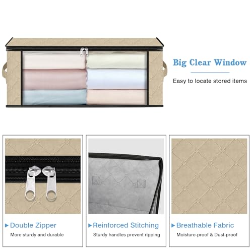 HomeHacks Storage 3-Pack Clothes Organizer Storage Bags Foldable Storage Box with Large Clear Window Sturdy Handles for Closet, Dorm, Pillows, Bedding, Clothes, Blankets, 35L, Beige - color: Beige