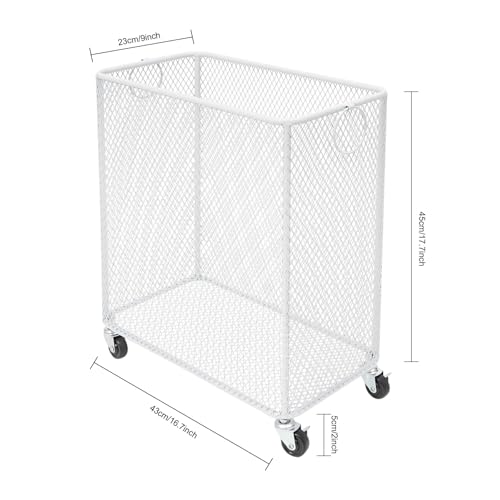 White Metal Laundry Basket with Wheels, Rolling Laundry Hamper Cart Mesh Laundry Storage Cart Organizer Clothes Sorter Shelf Basket Durable for Laundry Room - color: White