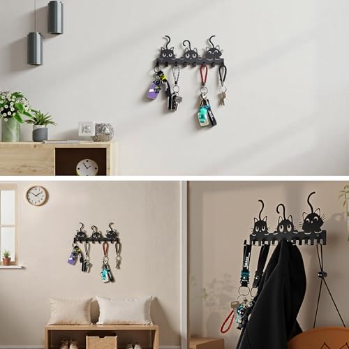 Key Holder Wall Mounted with Screws and Anchors, Black Multifunctional Key Hanger with 8 Hooks, Entryway Front Door Kitchen Hallway Garage Office - color: 3 Cats Black