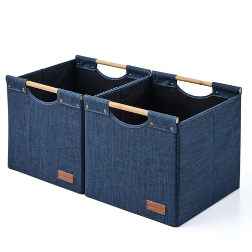 KAKAMAY Collapsible Cube Storage Bins 15x13x13 Inches Dark Blue 2-Pack, Foldable Storage Organizer Wooden Handles Fabric Baskets for Living Room Shelves, Bedroom Nursery Closet Toys, Clothes, Laundry - color: Dark blue
