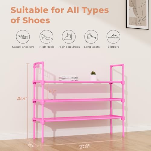 LANTEFUL 3 Tier Shoe Rack for Closet, Shoe Organizer with 5 Hooks, Long Shoe Shelf Storage for Shoe and Boot Stackable Free Standing Shoe Rack for Entryway, Garage, Small Spaces, Dorm, Pink - color: Pink, size: 27.8"W - 3 Tier