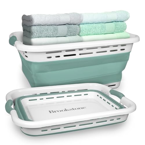 BROOKSTONE 11 GALLON XL 24" Collapsible Laundry Basket & Clothes Hamper, Comfort Non-Slip Handles, Modern Laundry Hamper with Space Saving Design, Portable Pop-Up Hamper, BPA FREE, Mint, 1 Pack - color: Mint Green, size: XL