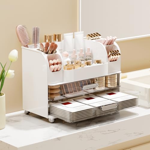 Makeup Organizer for Vanity with 2 Large Drawers, Cosmetic Display Case with Brush Holders, Easy to Storage for Bathroom Countertop Skincare, Perfume, White - color: White