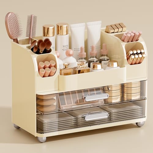Makeup Organizer for Vanity with 2 Large Drawers, Cosmetic Display Case with Brush Holders, Easy to Storage for Bathroom Countertop Skincare, Perfume, Cream White - color: Cream White