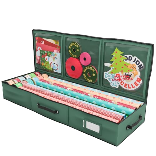 Primode Wrapping Paper Storage Container | Gift Wrap Organizer Under Bed | 41”x14”x6” | Box Holder for 18-24 Rolls Up to 40” | 600D Oxford Material | Pockets for Ribbon, Bows, and Accessories (Green) - color: Green