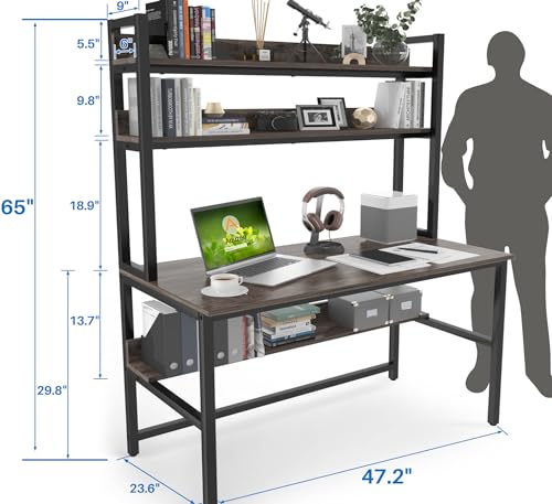 Aquzee Desk with Hutch Bookshelves, Computer Desk with 3 Tiers Storage Shelves, Space Saving Design Black Metal Legs Desk with Grey Board, Easy Assemble - color: Grey, size: 47inch