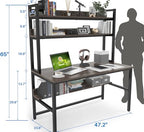 Aquzee Desk with Hutch Bookshelves, Computer Desk with 3 Tiers Storage Shelves, Space Saving Design Black Metal Legs Desk with Grey Board, Easy Assemble - color: Grey, size: 47inch