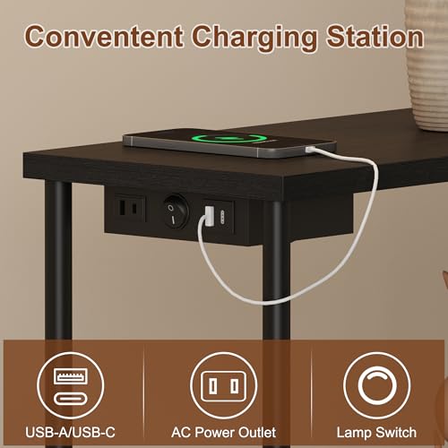 LED Floor Lamp with Table, 15W Bright Reading floor lamp with Remote & Touch Control, Narrow Side Table with USB Charging Station and AC Port, End Table for Bedroom, Living Room and Home Office, Black - color: Matte Black