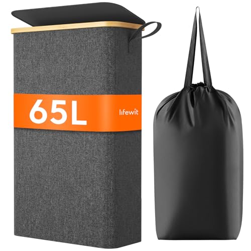 Lifewit 65L Slim Laundry Hamper with Lid, Narrow Laundry Basket with Removable Bag & Bamboo Handles, Fodable Thin Dirty Clothes Hamper for Laundry Collapsible Bin for Bathroom Bedroom Dorm, Dark Gray - color: Dark Gray, size: 65L