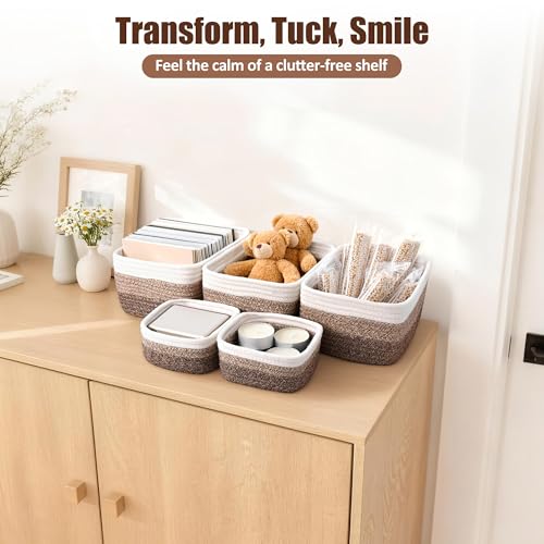 5-Pack Small Woven Rope Storage Baskets – 2 Sizes Organizer Bins for Closet, Shelf, Bookshelf, Nursery, Changing Table, Fabric Cube Boxes, Rectangular Shallow Bins for Bathroom, Toy & Home - color: Gradient Brown