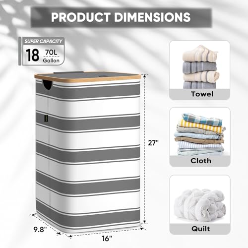 BALEINE Laundry Hamper with Lid, Tall Laundry Baskets with Bamboo Pull Handles, Large Laundry Bin with Internal Support (18 Gal/70L, Grey Stripe) - color: Grey Stripe, size: 70 liters