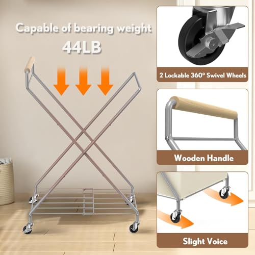 Foldable Metal Laundry Basket with Wheels, 2-Section Rolling Laundry Hamper, 37 Gallons (140L), Removable Liner, Steel Frame with Wooden Handle, Cream White - color: Cream White