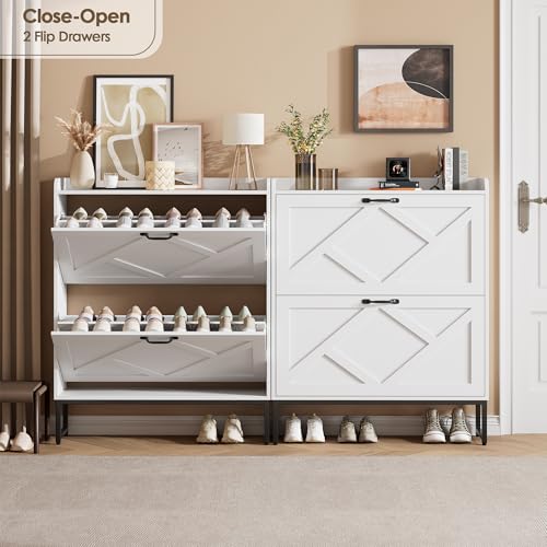 Nicetree Shoe Storage Cabinet with 2 Flip Drawers, Freestanding Shoe Organizer, Shoe Cabinet with Metal Legs, Narrow Shoe Rack Cabinet, Farmhouse Slim Shoe Cabinet for Entryway, Foyer, Hallway, White - color: White, style: 2-Drawers