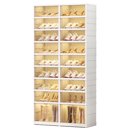 EHAMILY Foldable 9-Tier Shoe Rack Organizer for 18-36 Pairs - Collapsible Clear Plastic Shelf for Closet, Entrance or Front Door - Tall Stackable Folding Shoes Storage Boxes cabinet - size: 9 Tiers 36 Pairs