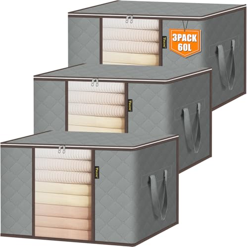 BALEINE 3 Pack Clothes Storage Bags, 16 Gallon Storage Containers with Reinforced Handle, Sturdy Zipper, Closet Organizer for Blanket, Comforter, Pillow, Bedding (Grey, 3 Pack) - color: Grey, size: 3 Pack-16 Gallon