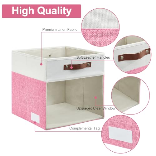 Bagnizer Storage Cubes, 4 Pack Linen Foldable Storage Bins (13 x 13 inch) with Clear Window and Handles, Fabric Organizer for Shelf Closet, Clothes, Books - (Pink and White) - color: Pink / Off-White, size: 13 x 13 x 13