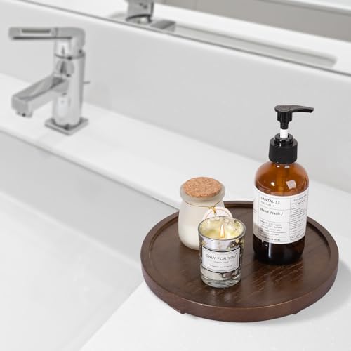 Round Decorative Tray Wood Bathroom Counter Organizer Farmhouse Kitchen Decor Wooden Riser for Soap Dish, Perfume, Candle, Sponge, 9" - Walnut - color: Walnut, size: 9"
