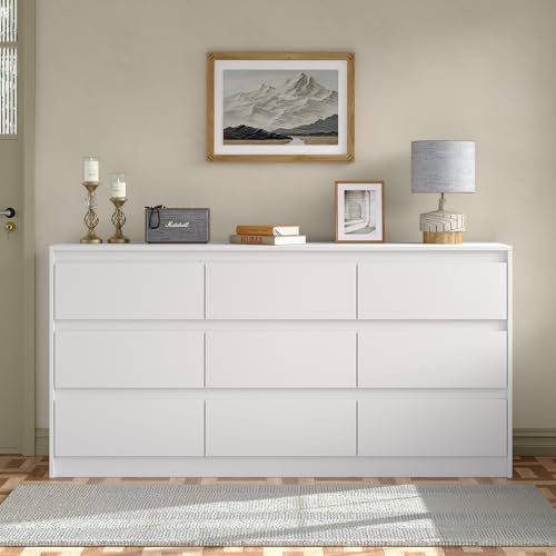 Furniouse Modern 9 Large Storage Drawers Dresser for Clothes Organizer, White Modern Chest of Drawers for Closet, 60" Long Drawer Organizer Cabinet for Bedroom,Living Room,Entryway,Hallway - size: 15"D x 59.1"W x 31.5"H (9 Drawers)