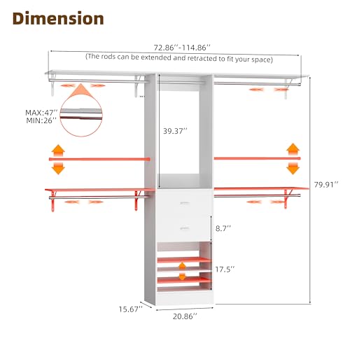 Closet System, Closet Organizer System With 2 Wood Drawers, Walk-In Closet Storage System With 5 Hanging Rods, Adjustable Cloth Garment Rack, Fits Spaces 4 to -9FT, White - color: ‎2 drawer 3 shelve, size: 1 PC