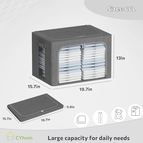 CYhom Clothes Storage Bins Box - Linen Fabric Foldable Stackable Container Organizer Set with Clear Window & Carry Handles & Metal Frame - 2Pack Large Capacity for Bedding, Blankets, Books - color: Dark Gray, size: Large-66L