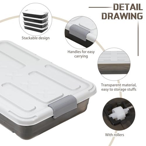Beeveer 4 Pcs Plastic Under Bed Storage Containers with Lid Wheel Handle, Transparent Large Capacity Stackable Latching Storage Bins for Closet Bedroom Clothes Shoes (Brown,23.7 x 15.8 x 5.2) - color: Brown