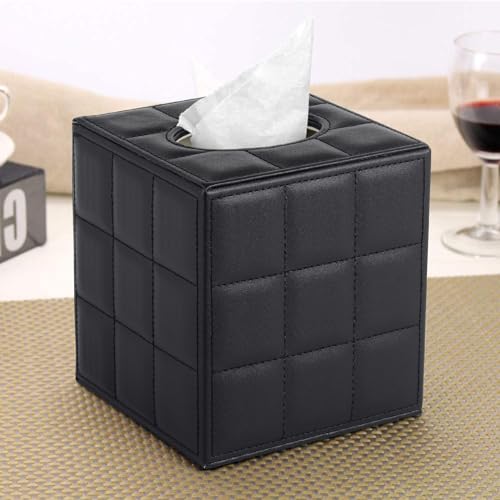 Tissue Box Cover Square Tissue Box Holder PU Leather Facial Organizer with Magnetic Bottom,Decorative Napkin Caddy for Vanity Dresser Night Stand Table Countertop Home Office Car,Black - color: Square Tissue Box-black Grid