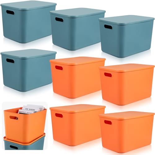 Hoolerry 8 Pieces Colorful Storage Bins with Lid, Plastic Storage Basket Organizing Container Stackable Box with Handle for Shelves Desktop Playroom Office(14.2 x 10.2 x 9.5 Inch,Blue and Orange) - color: Blue and Orange, size: 14.2 x 10.2 x 9.5 Inch