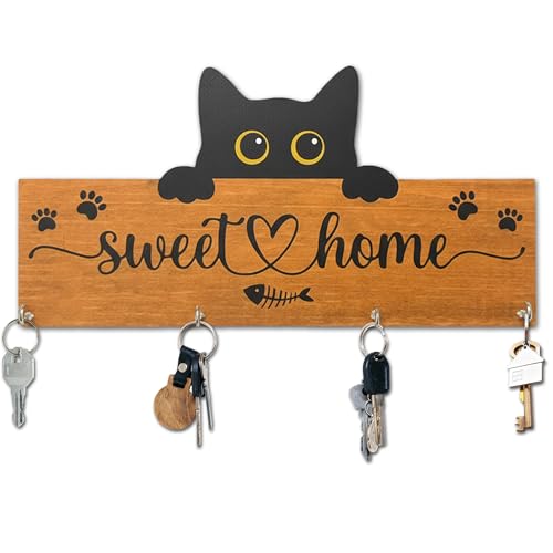 Cat Sweet Home Wooden Key Holder for Wall - 5"x10" Key Organizer Hanger with 4 Hooks for Front Door Hallway Entryway Kitchen - Home Office Decor & Housewarming Gifts Supplies - A07 - color: Cat Sweet Home