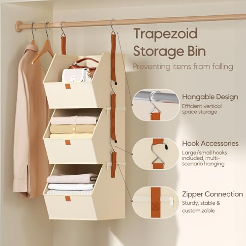 Homsorout Collapsible Hanging Closet Organizer - 3 Tier Closet Shelves Storage System with Hooks, Fabric Hanging Storage Bins for Clothes, Foldable Storage Basket for Laundry, Bedroom, Rv, Beige - color: Beige, size: 3 shelves