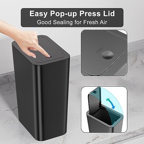 N. NETDOT 3 Pack 10L/2.6 Gal Bathroom Trash Can with Lid, Trash Bin with Press Lid, Small Trash Can/Slim Garbage Cans/Waste Basket for Bathroom,Kitchen,Office,Bedroom - Black,Gray,Off White - color: Black-Gray-Off White