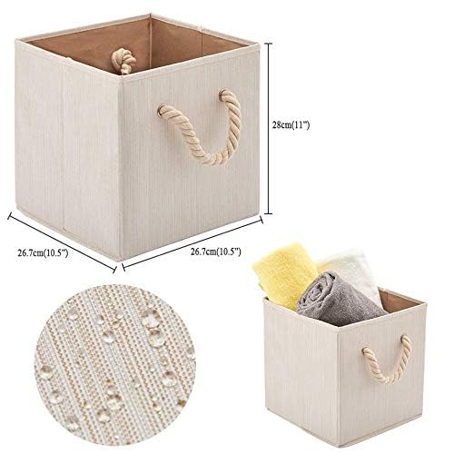 Foldable Bamboo Fabric Storage Bins [set of 4] with Cotton Rope Handles, Collapsible Organizer Boxes Basket - 10.5 x 10.5 x11 inch (Beige) - color: Beige