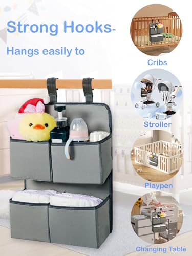 Hanging Diaper Organizer for Crib/Playpen/Bassinet/Playard – Hold 80+ Diapers - 4 Deep Pockets- Changing Table Diaper Holder Bag- Diaper Storage for Newborn Baby Essentials Stacker Caddy, Gray - color: Gray
