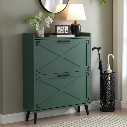 Barnyatoh Shoe Storage Cabinet,Farmhouse Shoe Organizer with 2 Flip Drawers & Barn Door Design,Freestanding Hidden Slim Narrow Shoe Rack Cabinet for Entryway,Foyer,Hallway,Green - color: Green, size: 2-Drawers