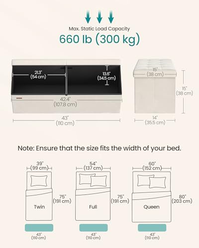 SONGMICS Mazie Collection - 43 Inches Storage Ottoman, Foldable Storage Bench with Flipping Lid, 660 lb Load Capacity, for Entryway, Living Room, Bedroom, Velvet Fabric, Cream White ULSF078LH01 - color: Cream White, size: 15"D x 43"W x 15"H