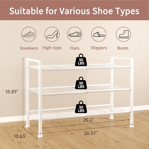 3-Tier Metal Shoe Rack, Sturdy Floor-Mounted Storage Organizer for Closet Entryway Garage Dorm Room, Easy Assembly Multi-Purpose Shelf, White - color: White, size: 3 Tier