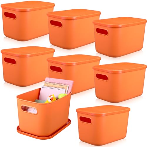Hoolerry 8 Pieces Colorful Storage Bins with Lid, Plastic Storage Basket Organizing Container Stackable Box with Handle for Shelves Desktop Playroom Office(10.2 x 7 x 6.3 Inch,Orange) - color: Orange, size: 10.2 x 7 x 6.3 Inch