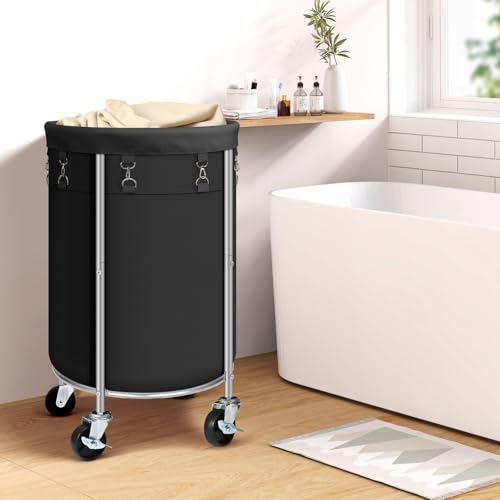 Laundry Hamper with Wheels, 100L Round Rolling Laundry Basket Sorter with Removable Bag, Clothes Cart Organizer with Steel Frame for Bedroom, Bathroom, Laundry Room, Black - color: Black